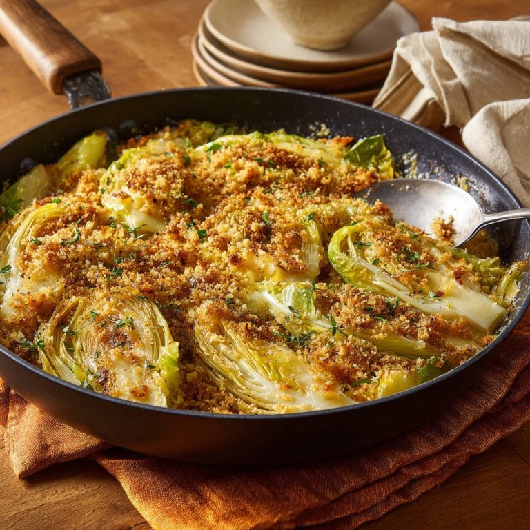 Goldbrauner Chicorée-Gratin mit knuspriger Kruste, im Kochgeschirr serviert mit einem Löffel