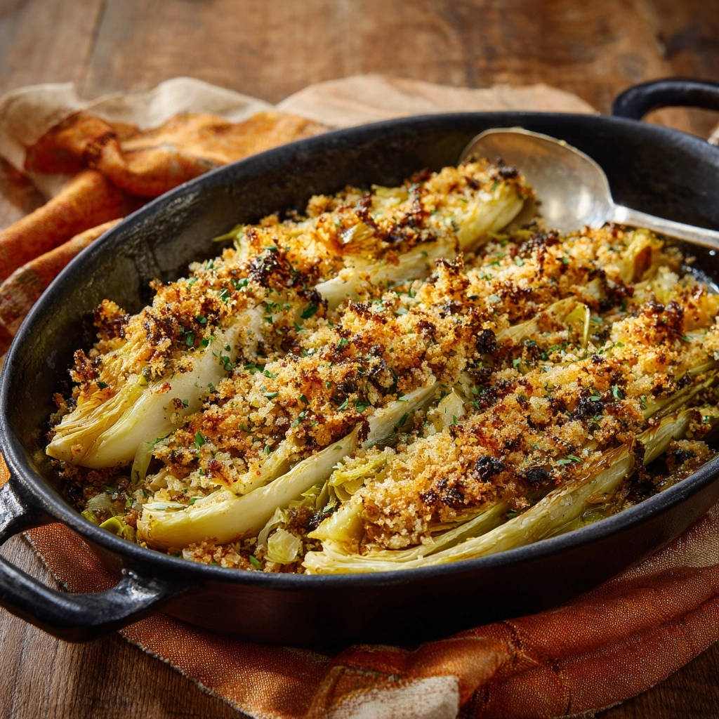 Goldbrauner Chicorée-Gratin mit knuspriger Käse-Kräuter-Kruste und Petersilie garniert