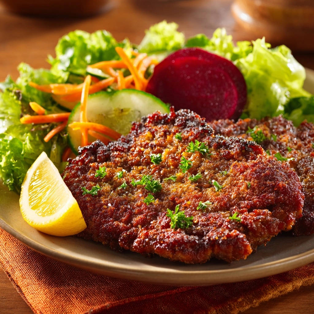Goldbraunes Schnitzel mit knuspriger Panade, garniert mit Petersilie und Zitronenspalte, serviert mit Salat.