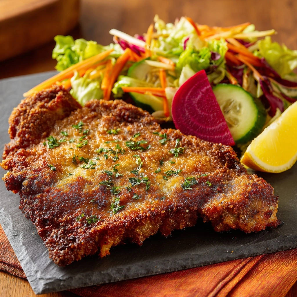 Goldbraunes Schnitzel, knusprig paniert und mit frischem Salat, Rote Bete und Zitrone serviert.