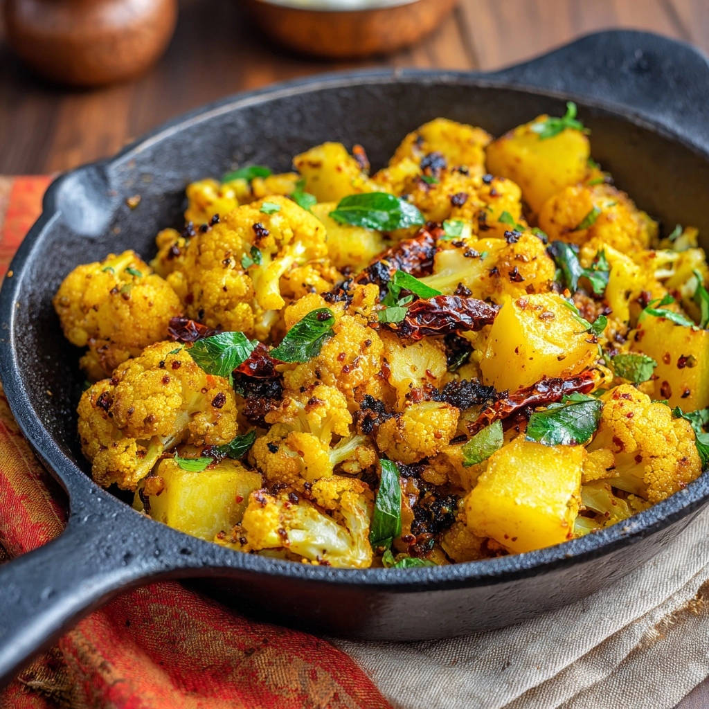 Goldene Blumenkohl-Kartoffel-Pfanne mit Koriander und getrockneten Chilis, nahaufnahme der Textur und Gewürze.