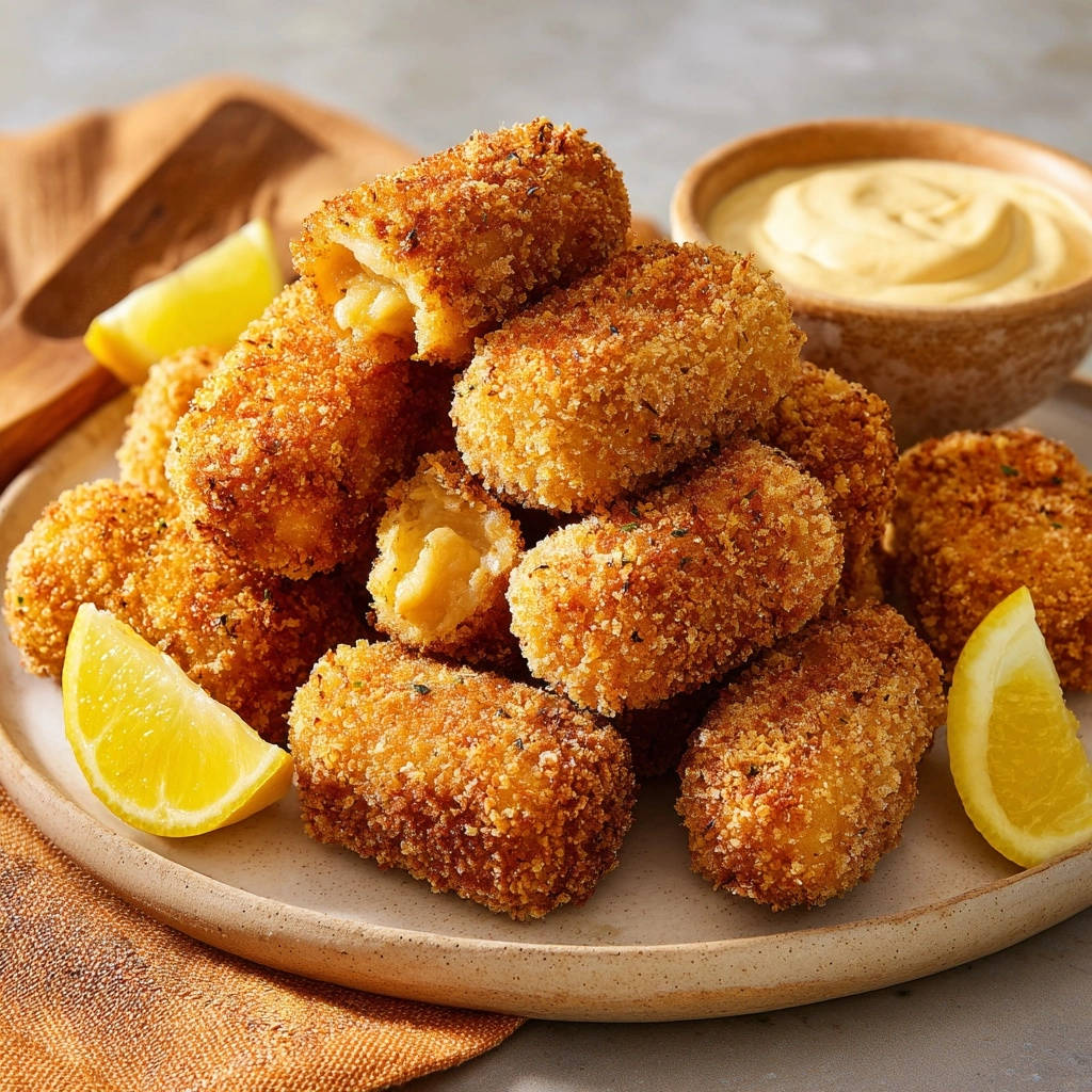 Goldene Kartoffelkroketten angeschnitten, die innen cremige Kartoffelfüllung enthüllen, mit Zitronenspalten und Dip serviert.