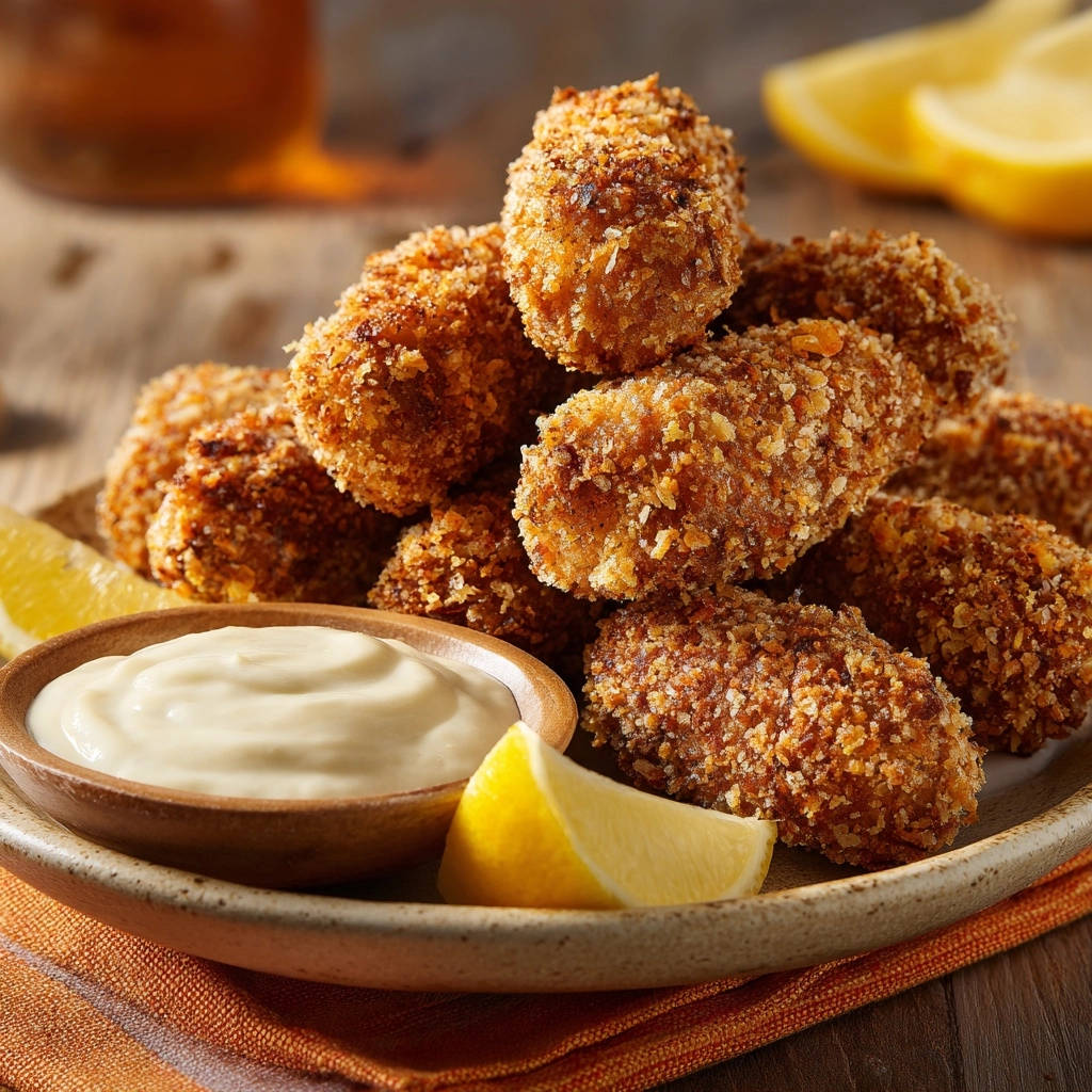 Goldene Kartoffelkroketten, knusprig und innen zart, werden mit einem cremigen Dip und Zitronenspalten auf einem Teller serviert.