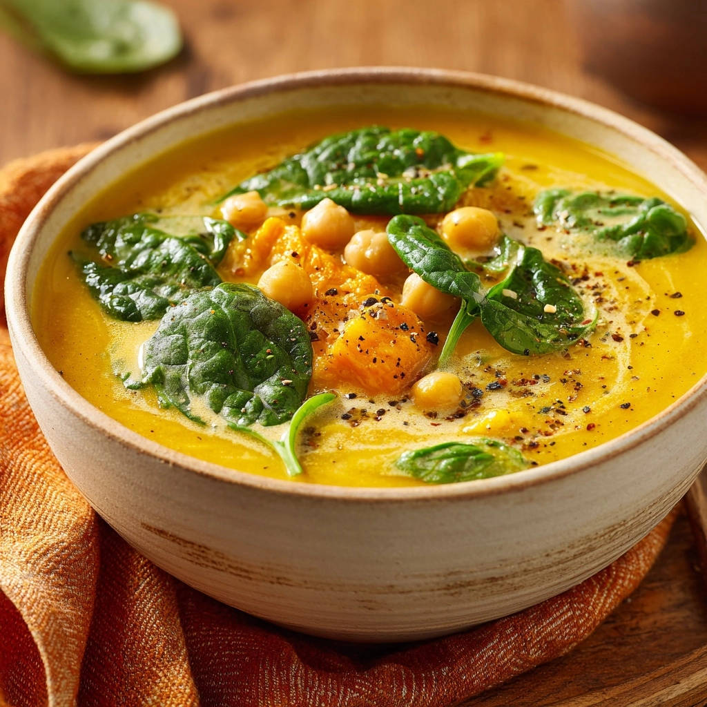 Goldene Kichererbsen-Spinat-Suppe in einer Schüssel, garniert mit frischen Spinatblättern und Kichererbsen.