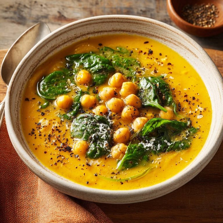 Goldene Kichererbsen-Spinat-Suppe als Nahaufnahme mit Kichererbsen, Spinat und schwarzem Pfeffer in einer Schüssel.
