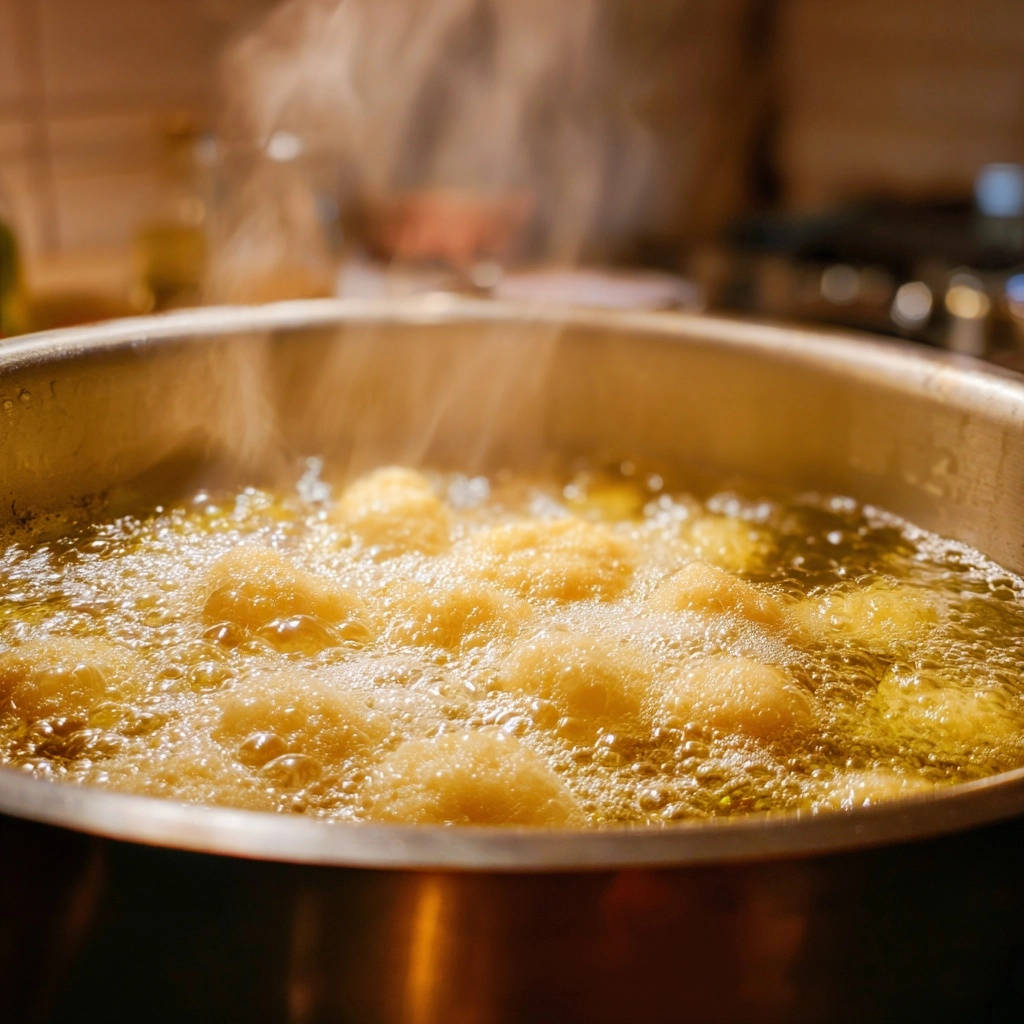 Goldene Knusper-Bällchen werden in heißem Öl frittiert, wobei Dampf aufsteigt und Blasen sich bilden.