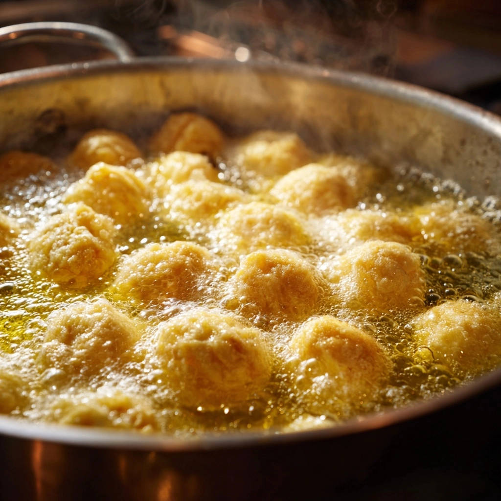 Goldene Knusper-Bällchen werden in heißem Öl goldbraun frittiert, was einen Prozess der Zubereitung zeigt.