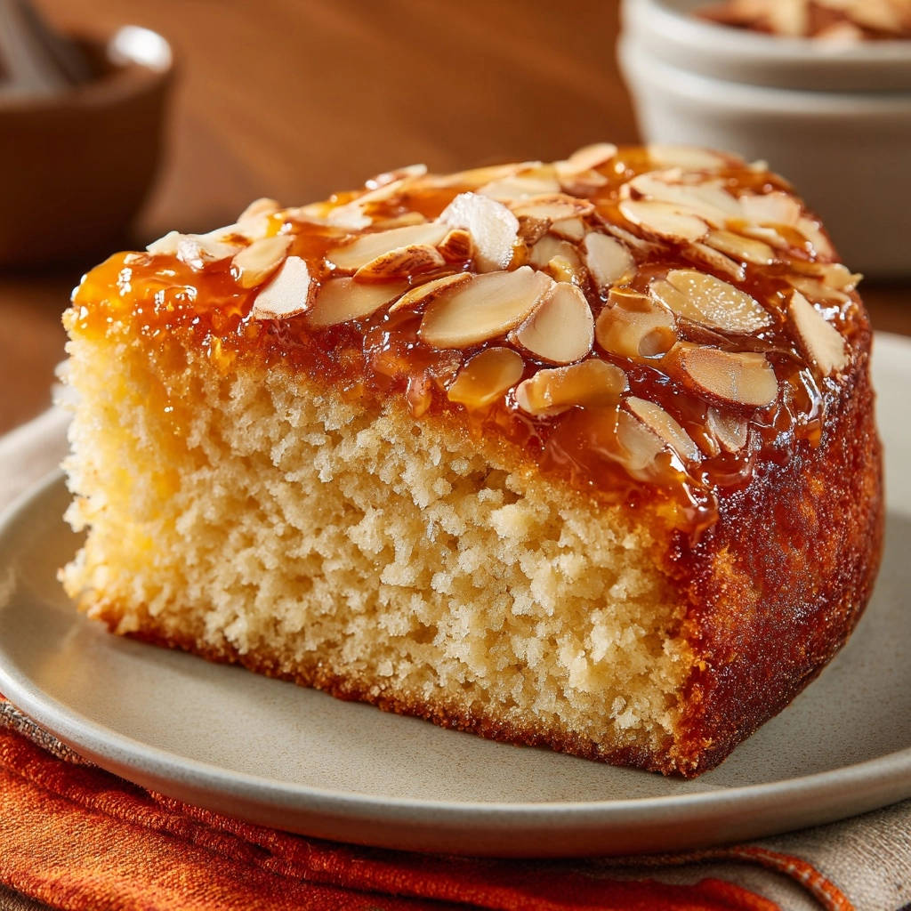 Goldener Mandelkuchen mit Karamell-Glasur, ein fluffiges Stück Kuchen mit detailreicher Nahaufnahme der Textur und Glasur.