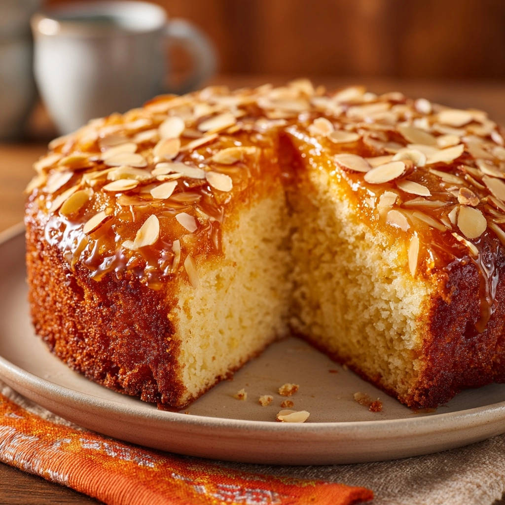Goldener Mandelkuchen mit Karamell-Glasur angeschnitten, zeigt die fluffige Krume und glänzende Mandel-Karamell-Decke.