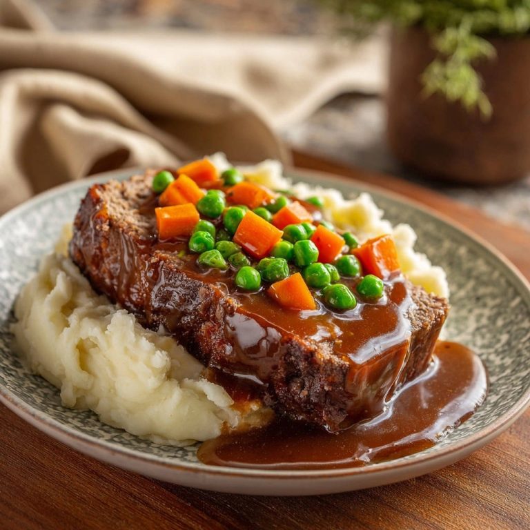 Herzhafter Hackbraten mit Bratensoße und cremigem Püree, serviert auf einem Teller und garniert mit Erbsen und Karotten.