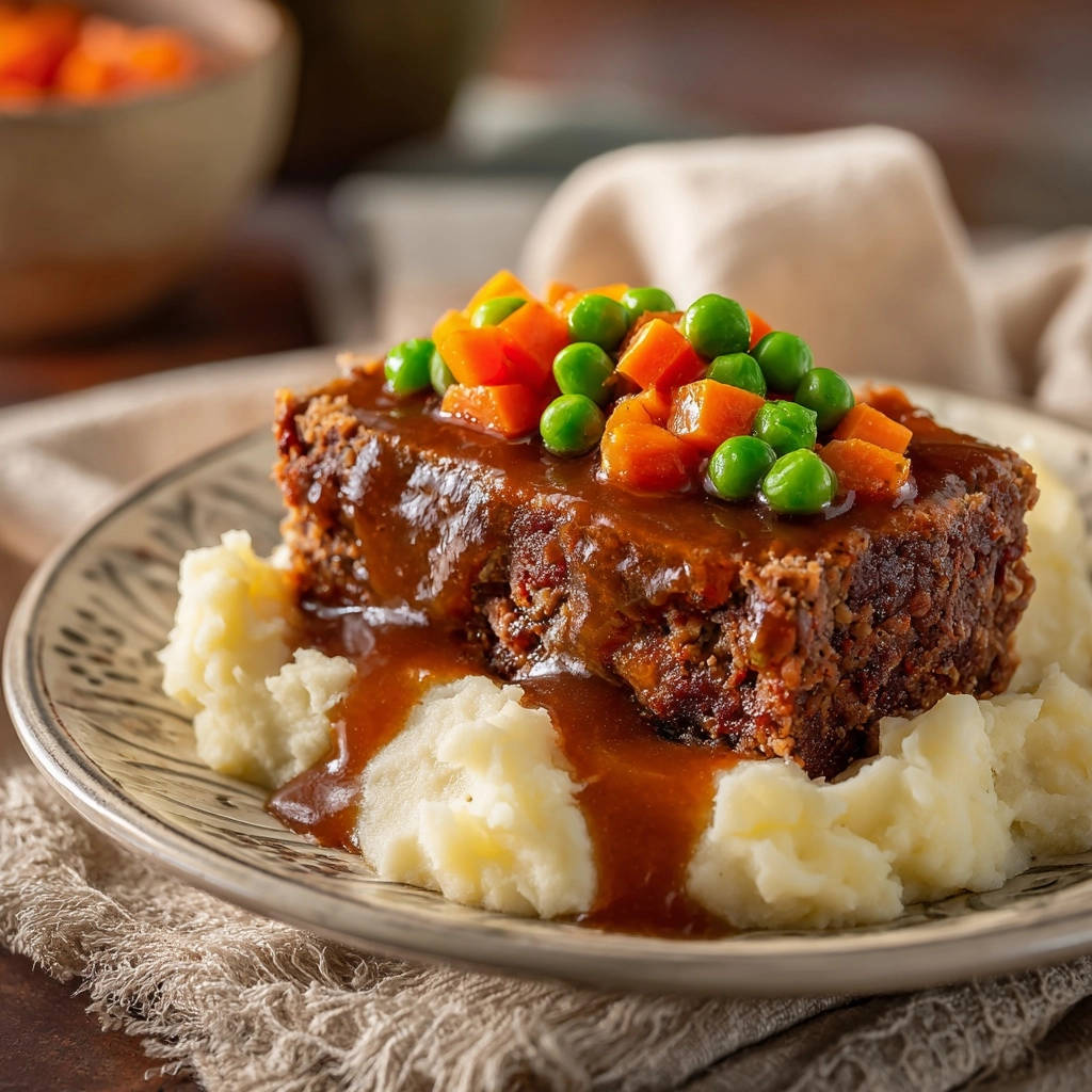 Herzhafter Hackbraten mit Bratensoße und cremigem Püree, serviert auf einem Teller mit einer Nahaufnahme der Textur und Garnitur.