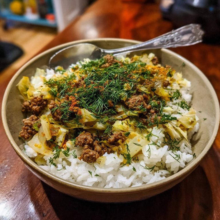 Herzhafte Hackfleisch-Kraut-Bowl mit Reis, garniert mit Dill und Gewürzen, mit einem Löffel in der Schüssel.
