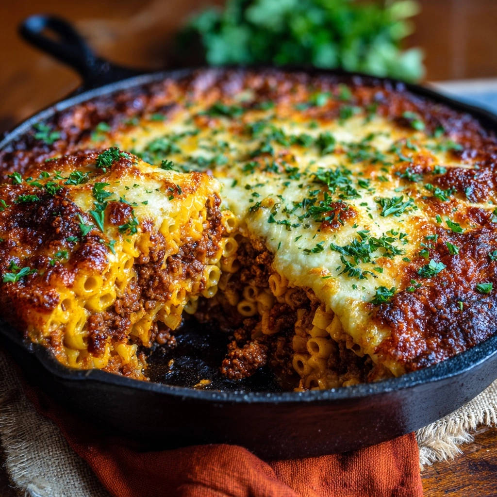 Herzhafter Hackfleisch-Makkaroni-Gratin angeschnitten in einer Gusseisenpfanne, mit geschmolzenem Käse und Petersilie garniert
