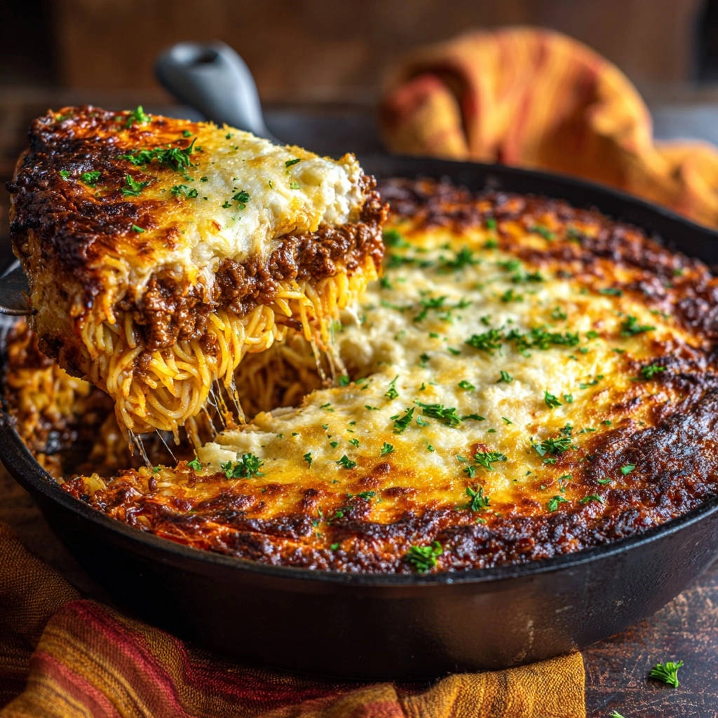 Herzhafter Hackfleisch-Makkaroni-Gratin angeschnitten, zeigt den cremigen Käse und die Nudelschichten im Detail.