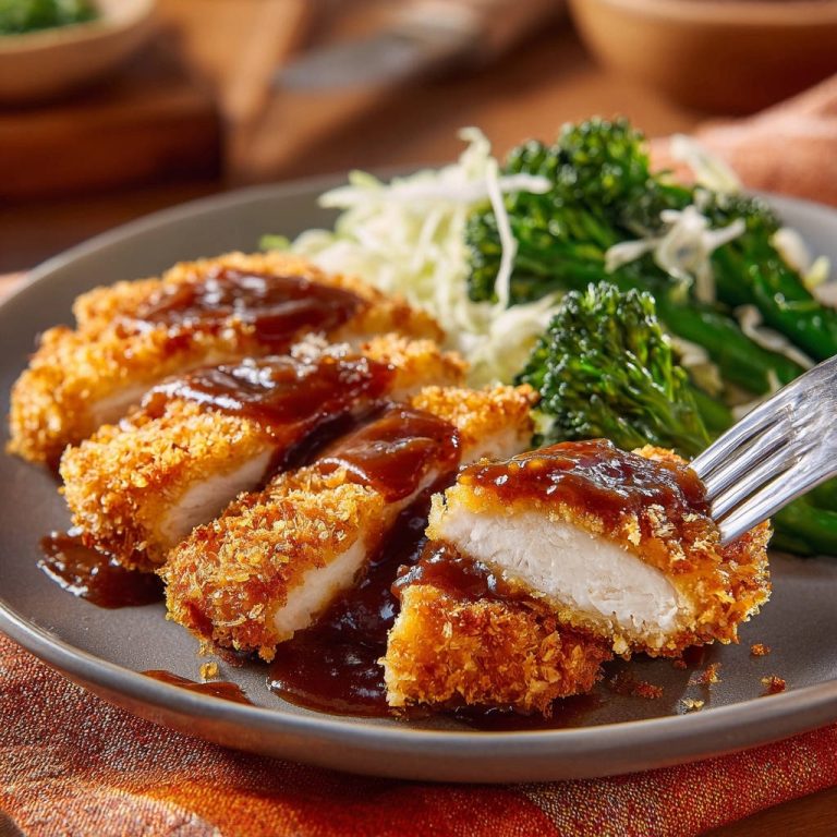 Knuspriges Hähnchenschnitzel nach Tonkatsu-Art, angeschnitten auf einer Gabel, mit Sauce und Brokkoli serviert.