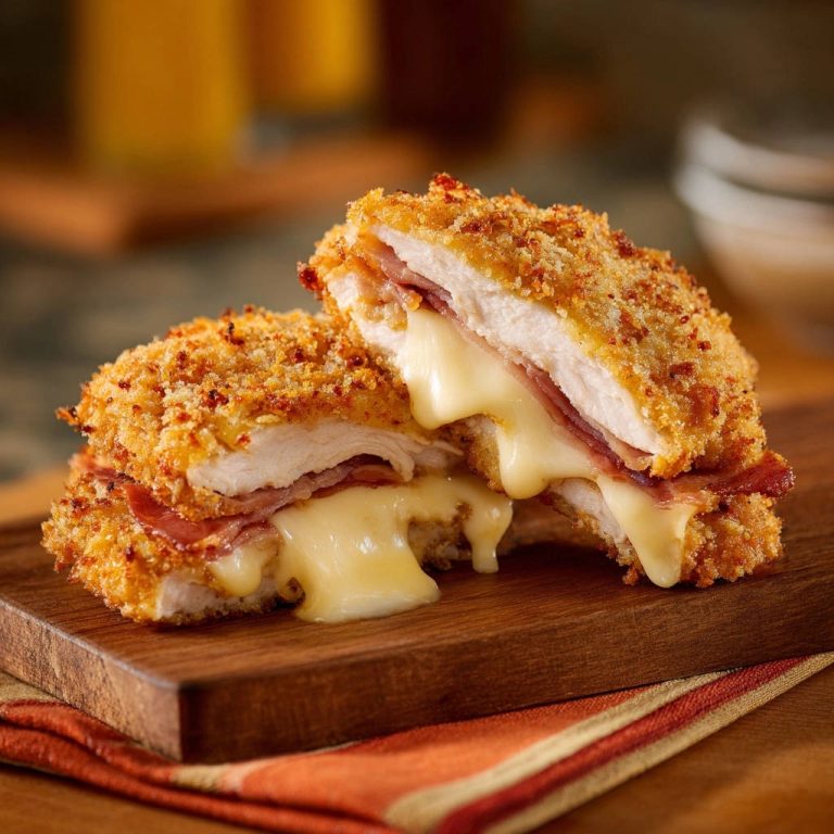 Hähnchen Cordon Bleu Klassiker im Anschnitt mit schmelzendem Käse und Schinken, perfekt für Ihr Abendessen.