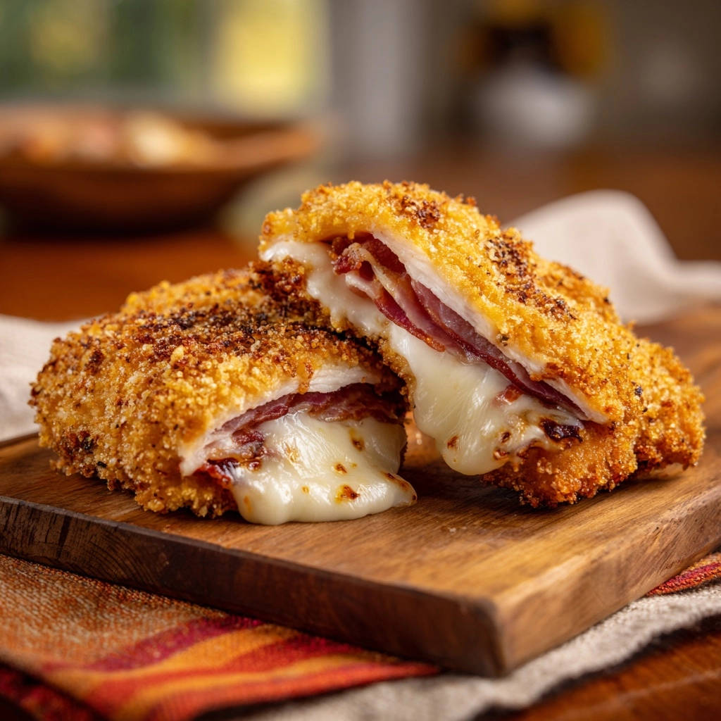 Hähnchen Cordon Bleu Klassiker als angeschnittener Querschnitt mit geschmolzenem Käse und Schinken, auf einem Holzbrett serviert.
