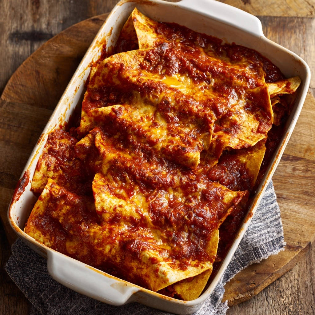 Saftige Hähnchen-Enchiladas in einer weißen Auflaufform, mit reichlich roter Sauce und Käse überbacken, bereit zum Servieren.