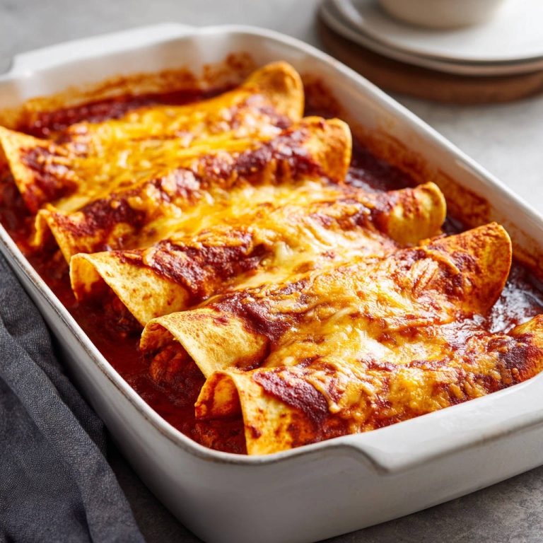 Saftige Hähnchen-Enchiladas mit geschmolzenem Käse, nahaufnahme der goldbraunen Tortillas in einer Auflaufform.