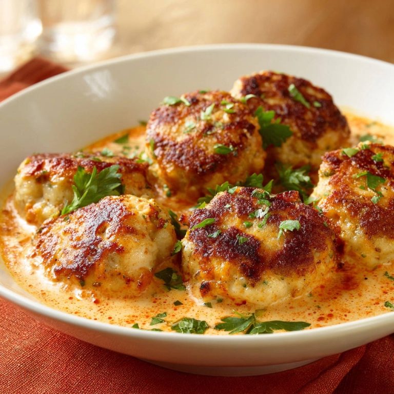 Saftige Hähnchen-Frikadellen in cremiger Paprika-Soße, Nahaufnahme der goldbraunen Oberseite und der dampfenden Soße.
