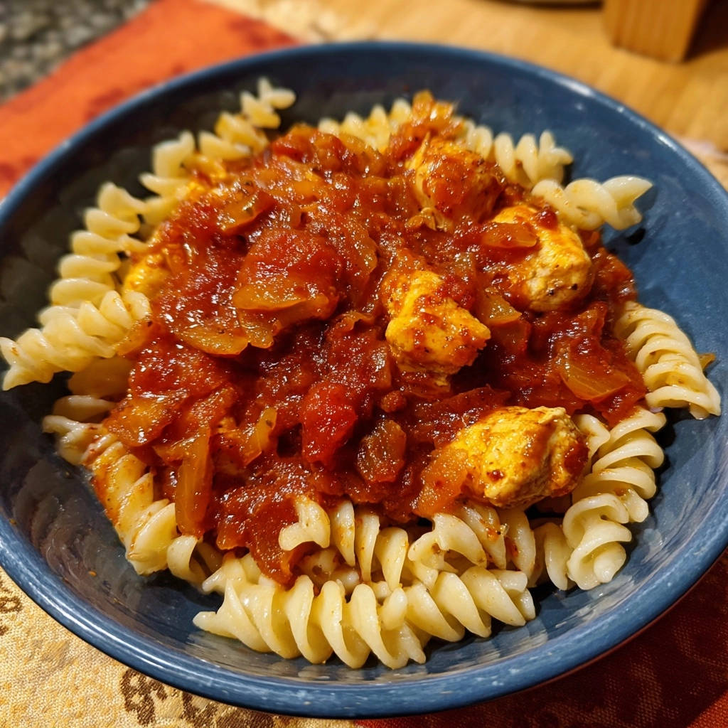 Herzhafte Hähnchen-Fusilli-Pfanne in einer blauen Schüssel, Nahaufnahme des saftigen Hähnchens und der Tomatensoße auf Spiralnudeln.