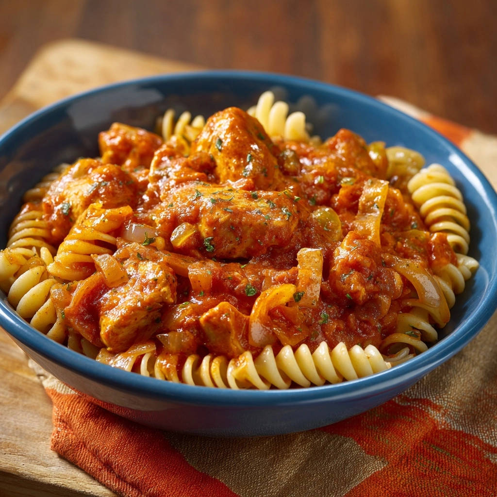 Herzhafte Hähnchen-Fusilli-Pfanne als Nahaufnahme in einer blauen Schüssel, die die saftigen Hähnchenstücke und die Textur des Gerichts zeigt.