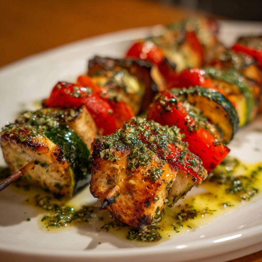 Saftige Hähnchen-Gemüse-Spieße mit Kräuter-Vinaigrette, nah aufgenommen mit Fokus auf die saftigen Hähnchenstücke und die grüne Vinaigrette.
