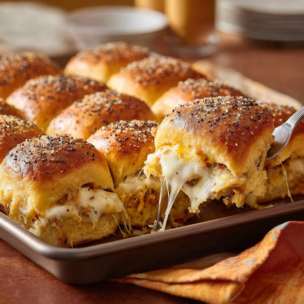 Herzhafte Hähnchen-Käse-Slider mit geschmolzenem Käse und Gewürzen, nahaufnahme des saftigen Inneren.
