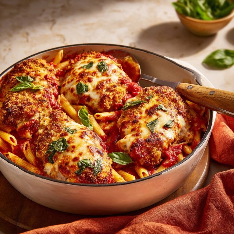 Hähnchen Parmigiana Auflauf knusprig-saftig aus dem Ofen, serviert im Auflauf mit Penne und Tomatensoße.