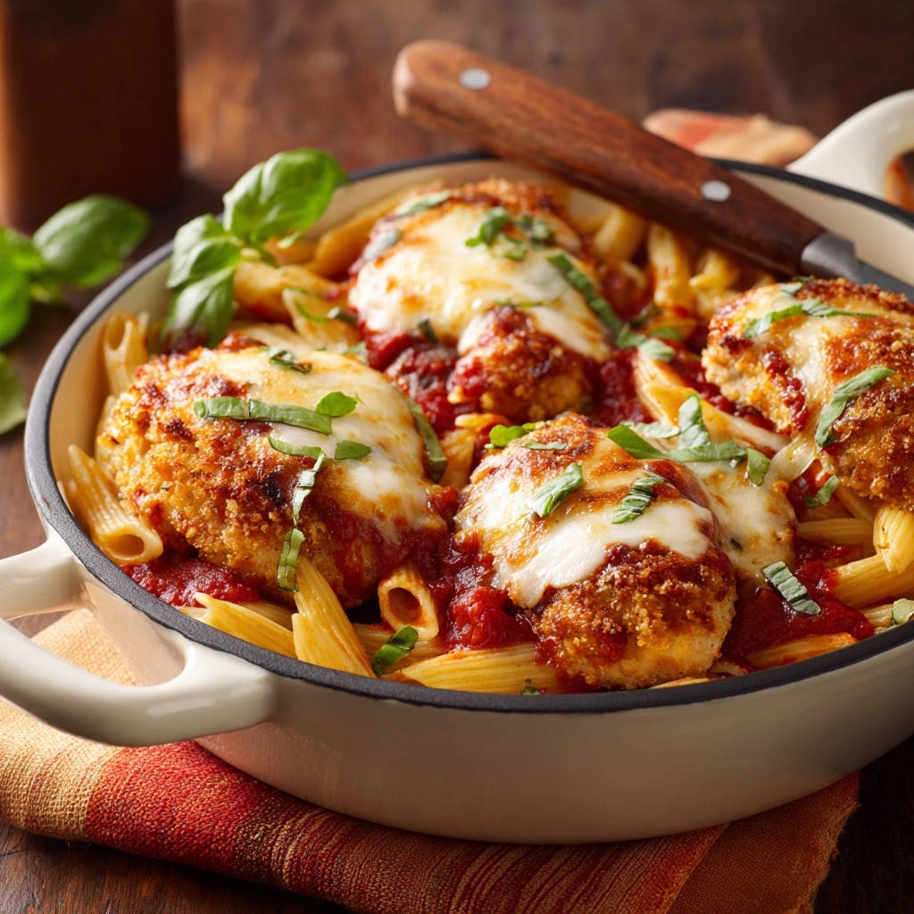 Hähnchen Parmigiana Auflauf knusprig-saftig aus dem Ofen in einer Pfanne mit geschmolzenem Käse und frischem Basilikum garniert.