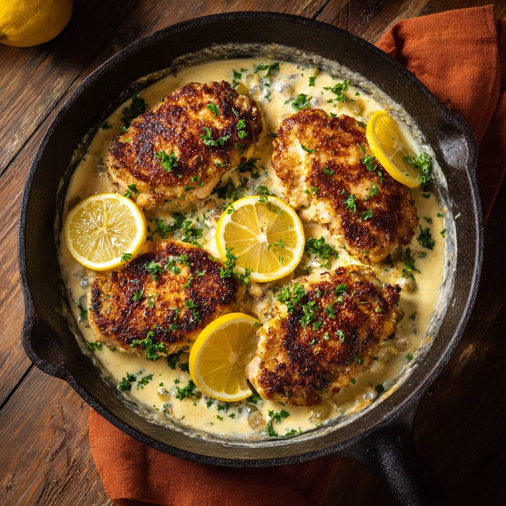Hähnchen Piccata in Zitronen-Butter-Soße in einer Pfanne von oben mit Zitronenscheiben und Petersilie garniert.