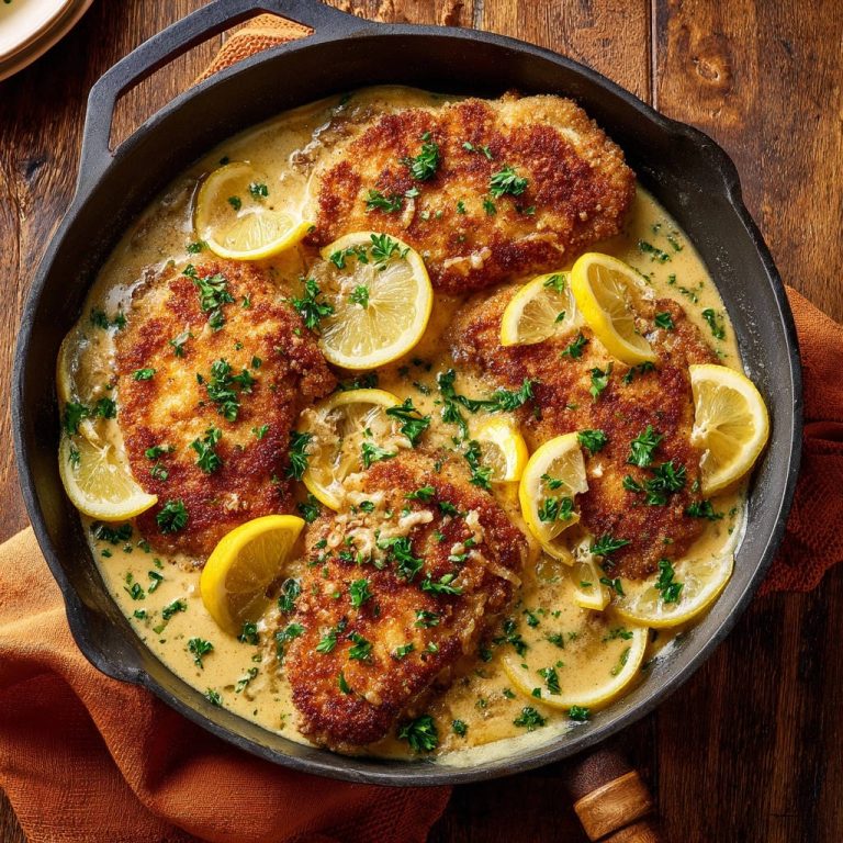 Hähnchen Piccata in Zitronen-Butter-Soße, als Draufsicht in einer Gusseisenpfanne mit Zitronenscheiben und Petersilie garniert.