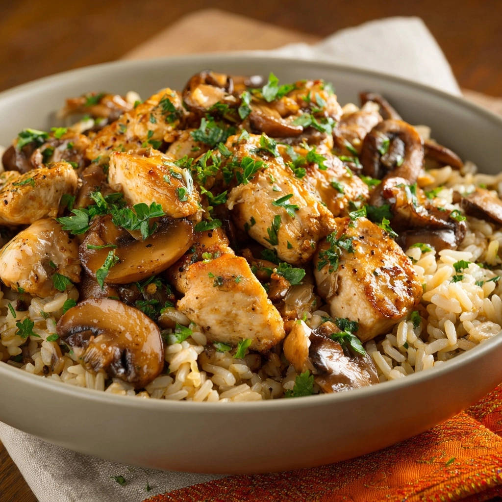 Hähnchen-Pilz-Bowl mit lockerem Reis, eine detailreiche Nahaufnahme des saftigen Hähnchens und der Pilze.