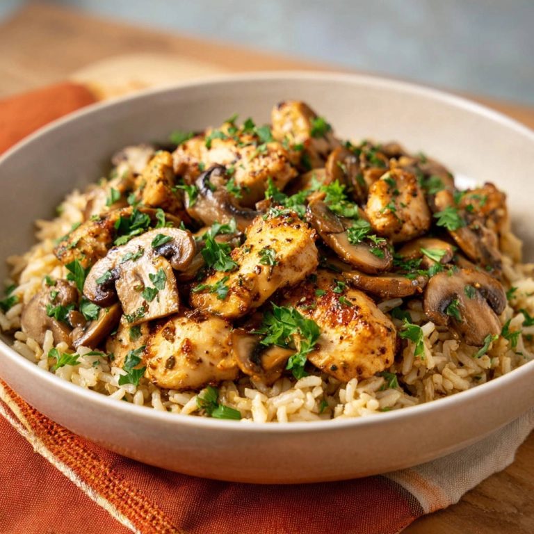 Hähnchen-Pilz-Bowl mit lockerem Reis, Nahaufnahme der saftigen Hähnchenstücke und Pilze, garniert mit frischer Petersilie.
