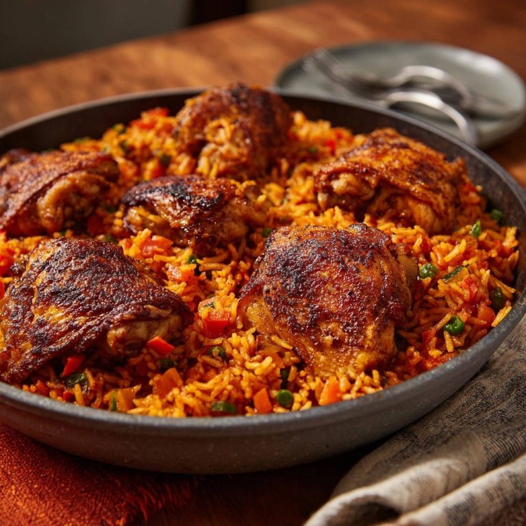 Hähnchen-Reis-Pfanne mit Gemüse, knusprige Hähnchenschenkel liegen auf saftigem Reis mit Paprika und Erbsen.
