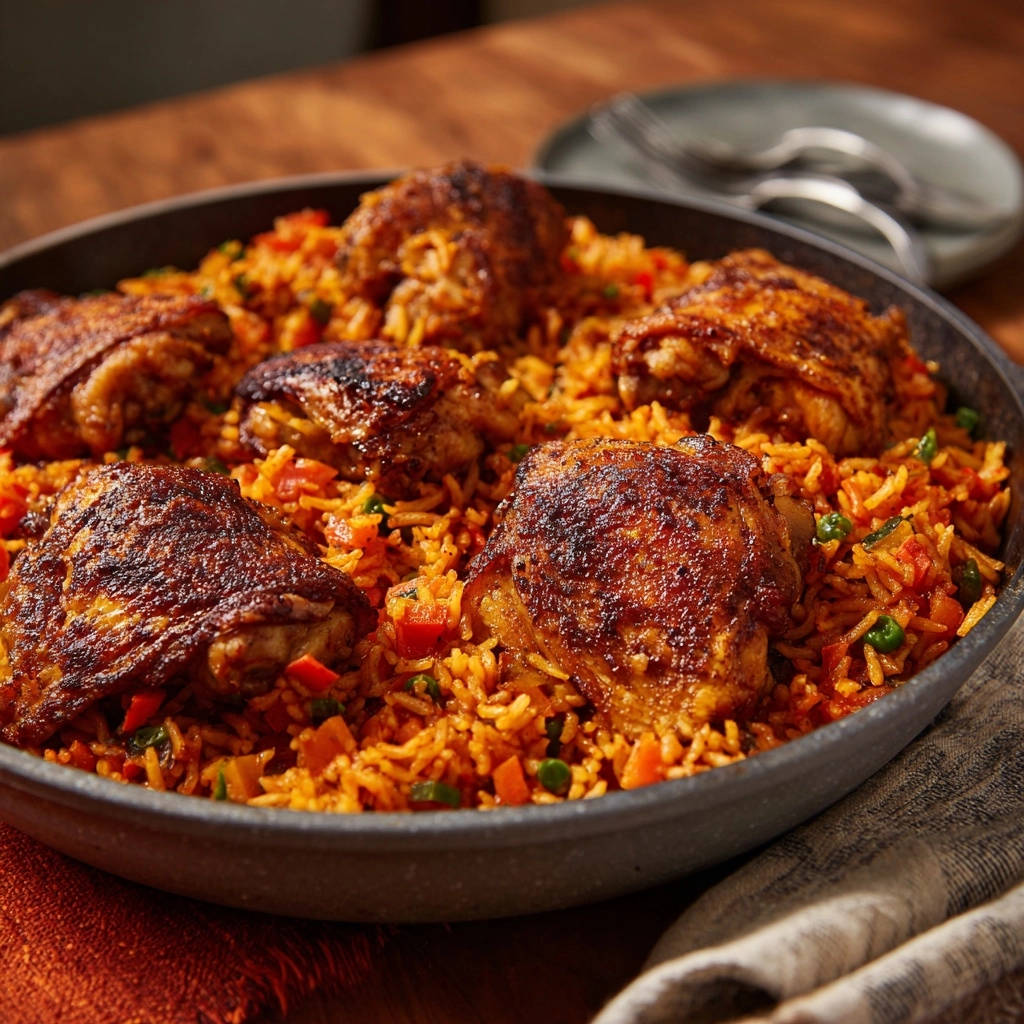 Hähnchen-Reis-Pfanne mit Gemüse, knusprige Hähnchenschenkel liegen auf saftigem Reis mit Paprika und Erbsen.
