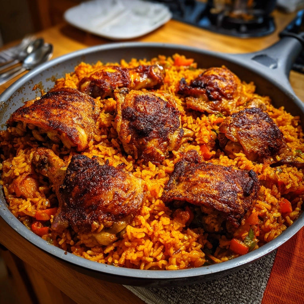 Hähnchen-Reis-Pfanne mit knusprigen Hähnchenteilen auf dem orangefarbenen Reis, Nahaufnahme in der Pfanne.