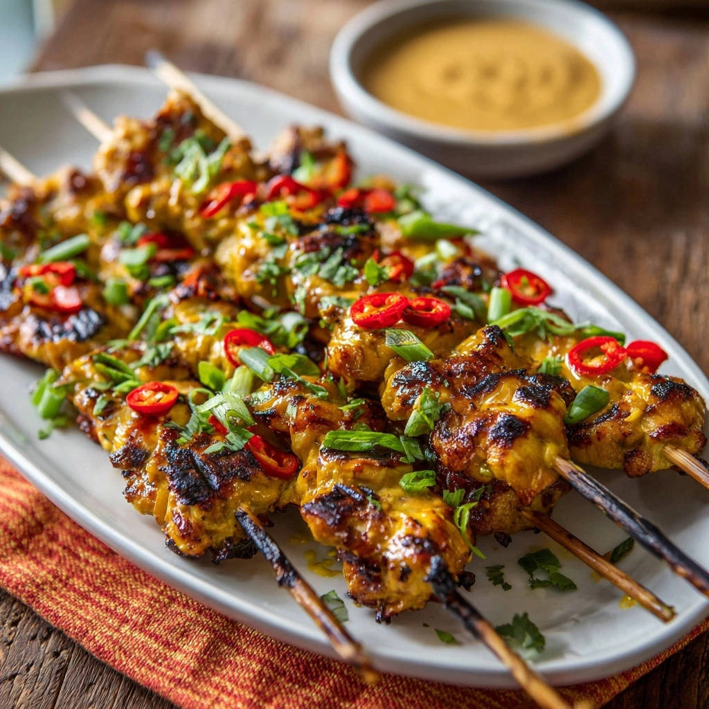 Saftige Hähnchen-Satay-Spieße mit Erdnusssauce, garniert mit frischen roten Chilischeiben und Frühlingszwiebeln.
