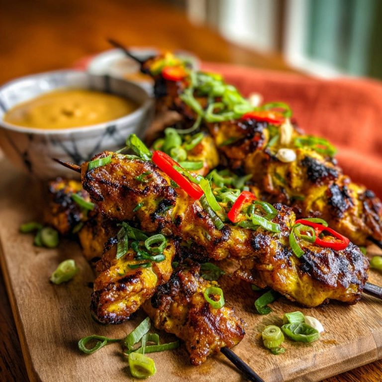Saftige Hähnchen-Satay-Spieße mit Erdnusssauce, garniert mit frischem Chili und Frühlingszwiebeln auf einem Holzbrett.