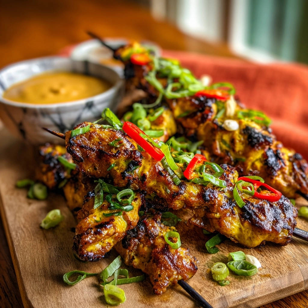 Saftige Hähnchen-Satay-Spieße mit Erdnusssauce, garniert mit frischem Chili und Frühlingszwiebeln auf einem Holzbrett.