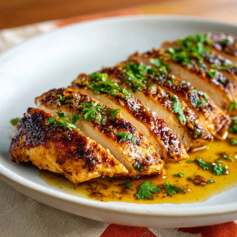 Hähnchenbrustfilet saftig gebraten, angeschnitten mit aromatischer Kräutersauce und garniert mit frischer Petersilie.