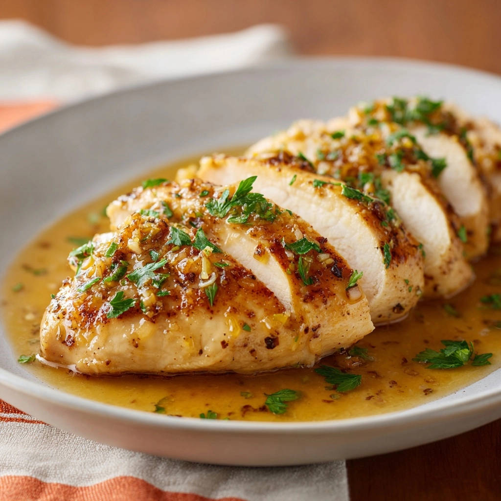 Hähnchenbrustfilet saftig gebraten, angeschnitten und serviert mit einer aromatischen Sauce und frischer Petersilie.