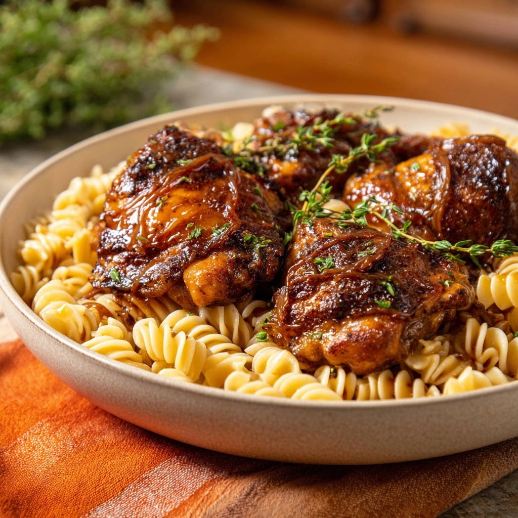 Hähnchenschenkel mit Fusilli in aromatischer Glasur, eine Nahaufnahme mit Fokus auf die glänzende Kruste und frische Kräuter garniert.