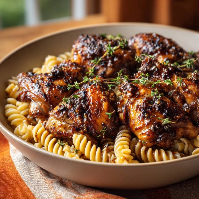 Hähnchenschenkel mit Fusilli in aromatischer Glasur, nahaufnahme des glasierten Geflügels und der Pasta
