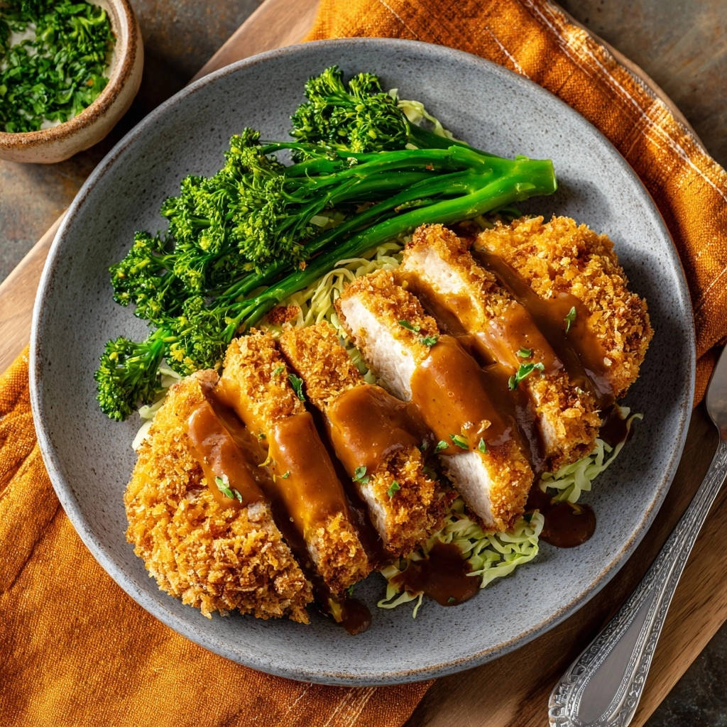 Knuspriges Hähnchenschnitzel nach Tonkatsu-Art angeschnitten und mit Sauce serviert, daneben Brokkoli und Nudeln.