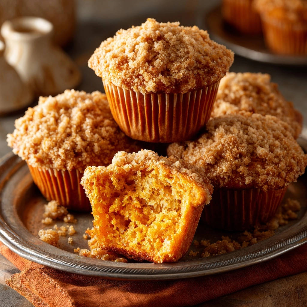 Herbstliche Kürbismuffins mit Streuseln, angeschnitten, zeigen den saftigen, orangefarbenen Kern und die feinen Streusel.