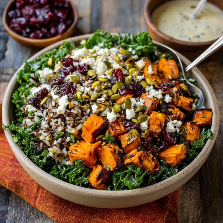 Herbstlicher Kale-Salat mit karamellisierten Süßkartoffeln, Nahaufnahme der Texturen von Süßkartoffeln, Wildreis und Cranberries in einer Schüssel.