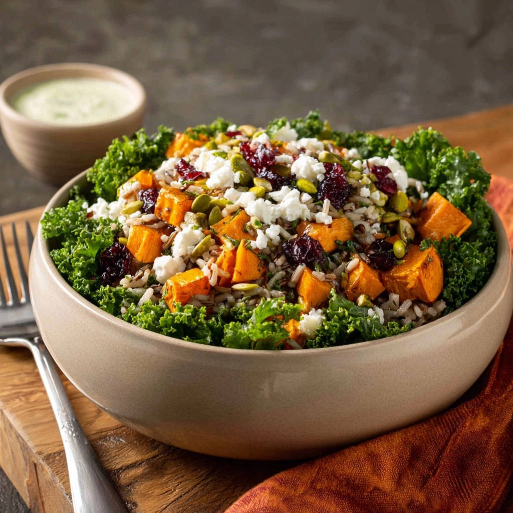 Herbstlicher Kale-Salat mit karamellisierten Süßkartoffeln, Nahaufnahme der frischen Zutaten und des Dressings im Hintergrund.