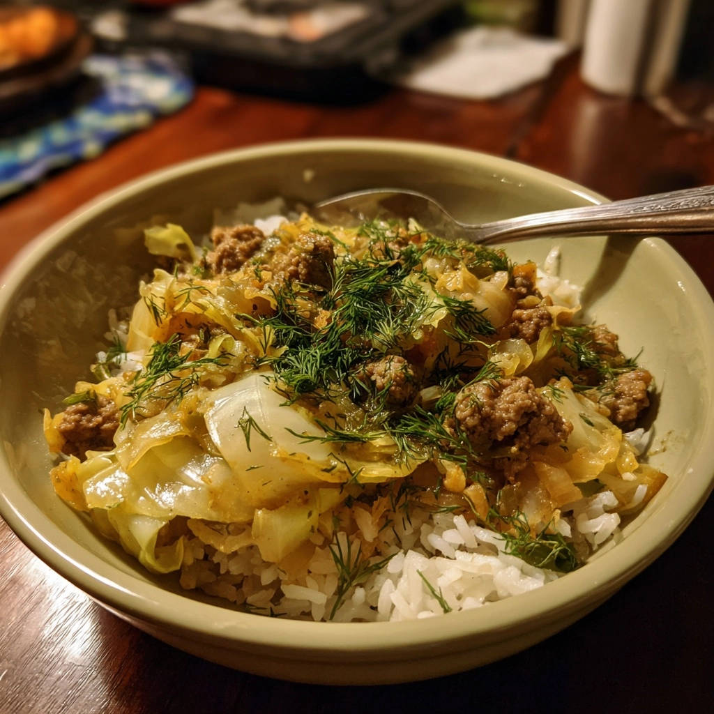 Herzhafte Hackfleisch-Kraut-Bowl mit frisch gehacktem Dill als detailreiche Garnitur, serviert in einer Schüssel.