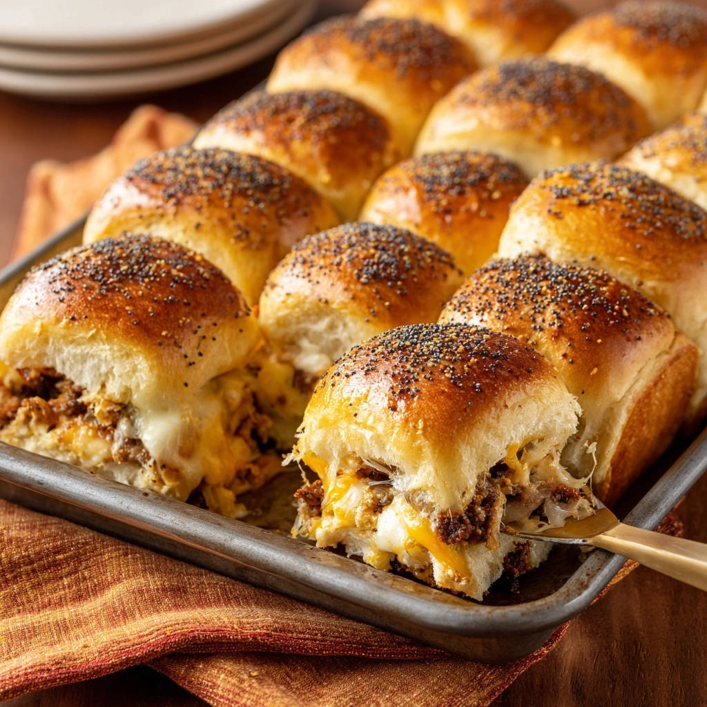 Herzhafte Hähnchen-Käse-Slider, ein einzelner Slider wird auf einem Spatel herausgehoben und zeigt den saftigen Inhalt.